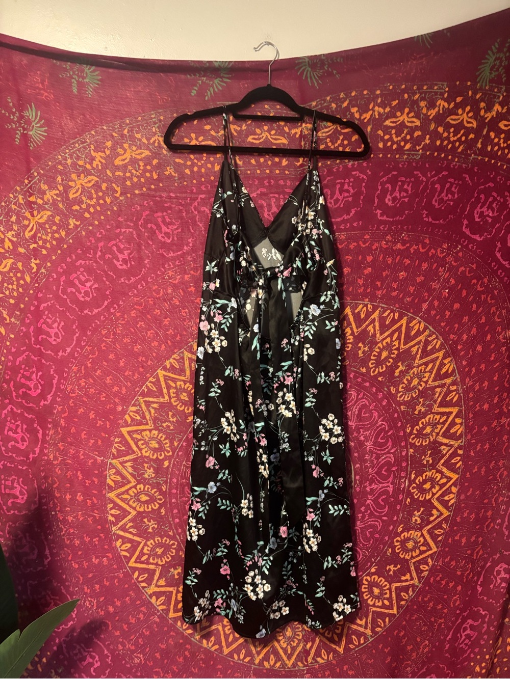 Pink Rose Black Floral Slip Dress with Pink and Teal Blooms
